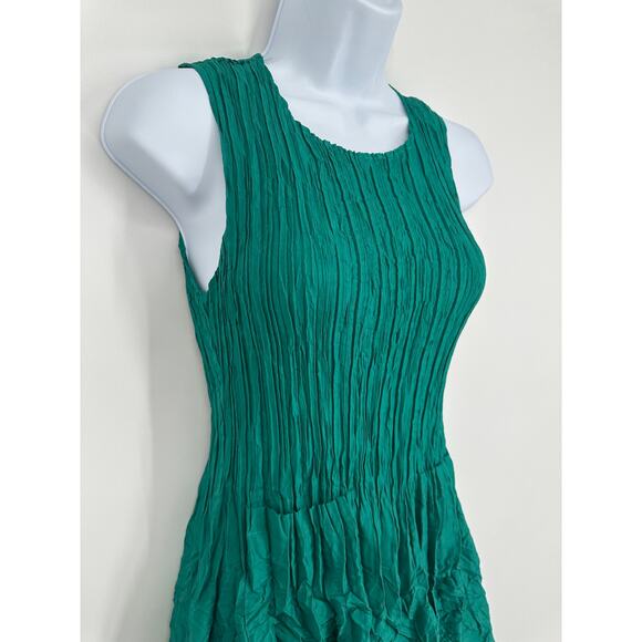 Alquema Smash Pocket Midi Dress Satin Crinkle Crew Neck Sleeveless, Green - Picture 4 of 11